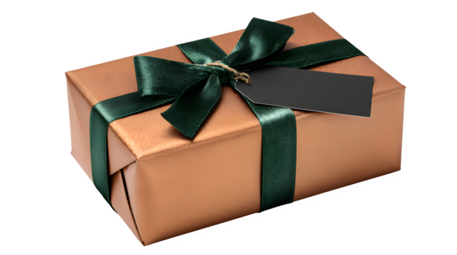 Shiny gift in metallic copper paper with dark green velvet ribbon and matte black tag, warm metallic tones, isolated on white background - Powered by Adobe