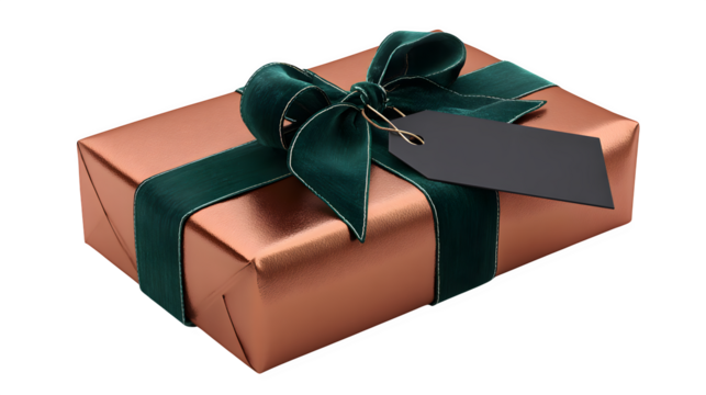 Shiny gift in metallic copper paper with dark green velvet ribbon and matte black tag, warm metallic tones, isolated on white background