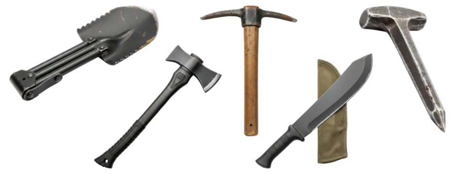 Set of military pioneer, camping, and survival tools