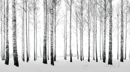 Snow-covered birch forest with black-and-white trunks standing tall under soft gray winter sky, elegant minimalism, isolated on white background