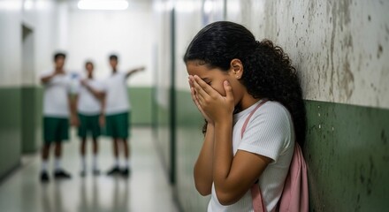School bullying A child cries as peers mock her in a school hallway, highlighting the emotional toll of peer harassment and the importance of anti-bullying initiatives