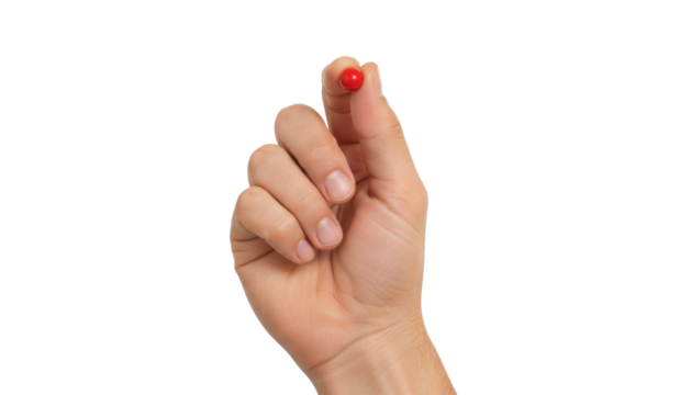 Holding a Red Object: A close-up shot of a hand holding a small, vibrant red object, showcasing delicate precision and careful handling. 