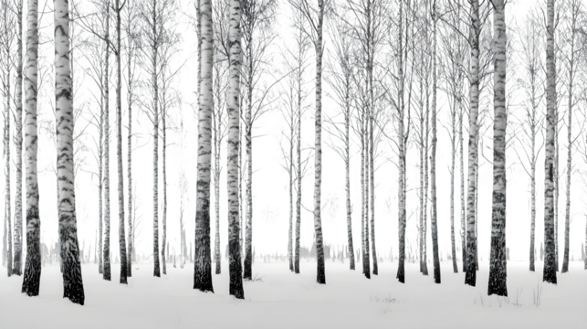 Snow-covered birch forest with black-and-white trunks standing tall under soft gray winter sky, elegant minimalism, isolated on white background