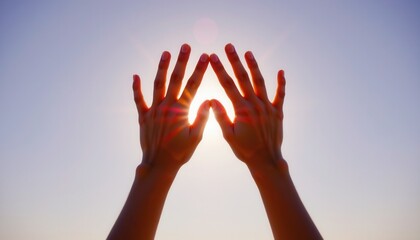 Hands Reaching Toward Bright Sunlight Against Clear Sky at Sunset for Inspirational Conceptual Background