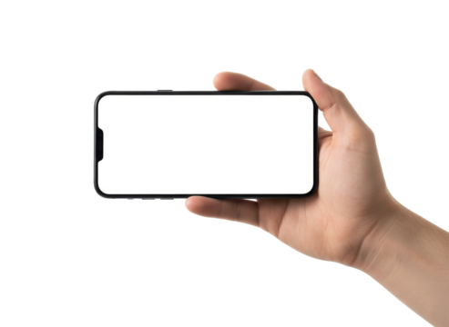 Hand Holding Smartphone: A close-up shot of a hand gracefully holding a modern smartphone horizontally, with its bright, blank screen facing forward.
