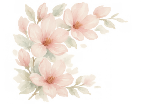 Watercolor pink cherry blossom floral bouquet border corner with green leaves and transparent background - Powered by Adobe