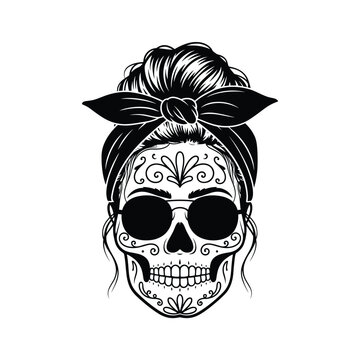 Sugar skull woman with messy bun and bandana day of the dead skull art