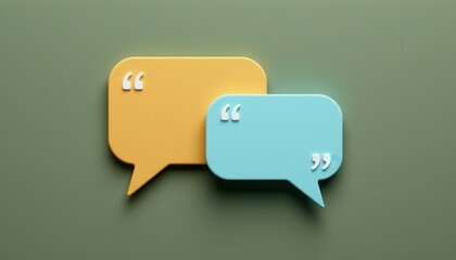 Colorful Speech Bubbles with Quotation Marks on Green Background Signifying Communication and Dialogue