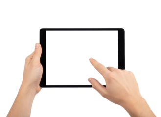 Tablet Display: A pair of hands tenderly hold a sleek tablet, with one finger poised to interact with its pristine screen, the digital world ready for exploration.
