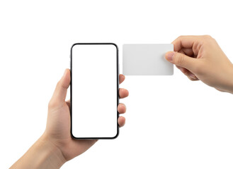 Digital Transaction: A pair of hands interact with a smartphone and a card, symbolizing modern financial transactions. The hands are engaged in an act of digital payment.