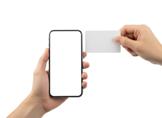 Digital Transaction: A pair of hands interact with a smartphone and a card, symbolizing modern financial transactions. The hands are engaged in an act of digital payment.