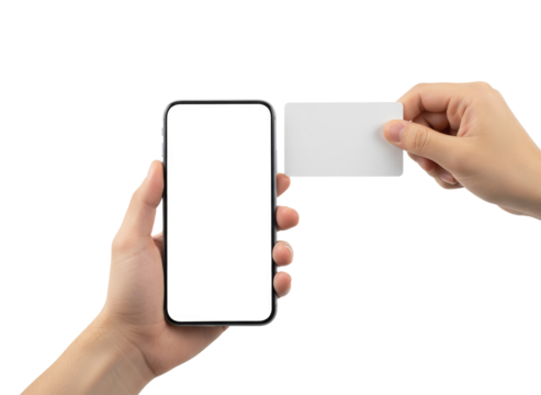 Digital Transaction: A pair of hands interact with a smartphone and a card, symbolizing modern financial transactions. The hands are engaged in an act of digital payment.