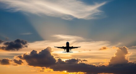 A passenger airplane silhouetted against a vibrant sunset sky with dramatic clouds and light rays