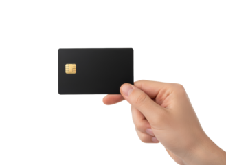 Financial Card in Hand: The image shows a close-up of a hand delicately holding a black financial card. The card features an embedded microchip, symbolizing access to digital transactions. 