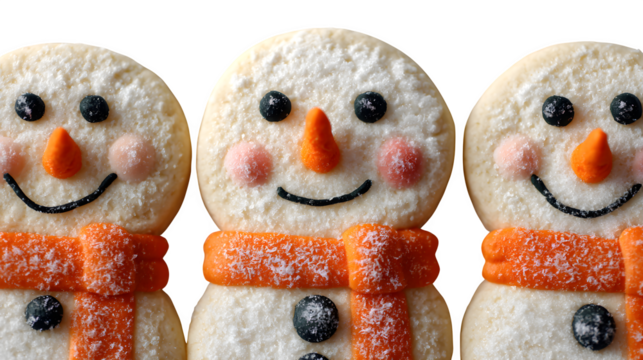 Snowman-shaped sugar cookies with piped black eyes, orange nose, and scarf, cheerful and detailed, isolated on white background