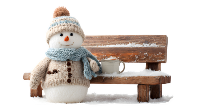 Snowman wearing a knitted sweater and holding a mug of cocoa, standing beside a snowy bench, cozy detail, isolated on white background - Powered by Adobe