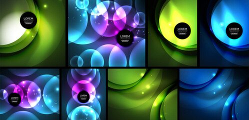 Abstract backgrounds feature vibrant circles, gradients. Designs include text placeholders, glowing effects, dynamic compositions.