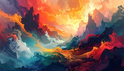 Abstract, colorful landscape art, with dynamic flow and a vibrant sunset aesthetic