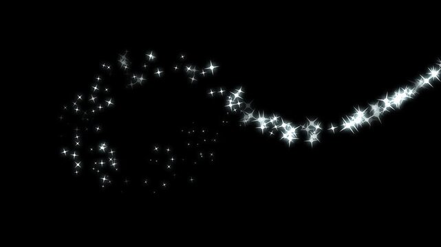 4k Luxury white glitter sparkles line animation, Star twinkling, Stars shine effect, Luxury white glitter sparkles trail, magic dust, pixie dust path, Christmas stars isolated on black background. 4k