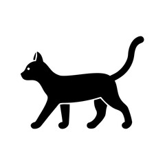 A simple black silhouette of a cat walking with its tail up on a plain white background image