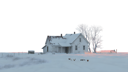 Snowy farmhouse at dawn, pale pink sky reflecting on snow, chickens huddled near a frosty coop, isolated on white background