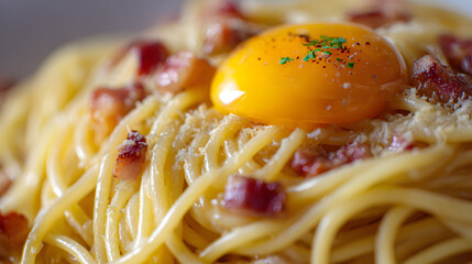 Close up of spaghetti carbonara with egg yolk bacon and parmesan celebrating National Spaghetti Day and authentic Italian cuisine
