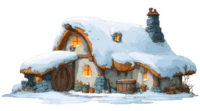 Snowy cottage with thatched roof heavy with snow, glowing windows, and a frozen well with bucket, storybook style, isolated on white background - Powered by Adobe