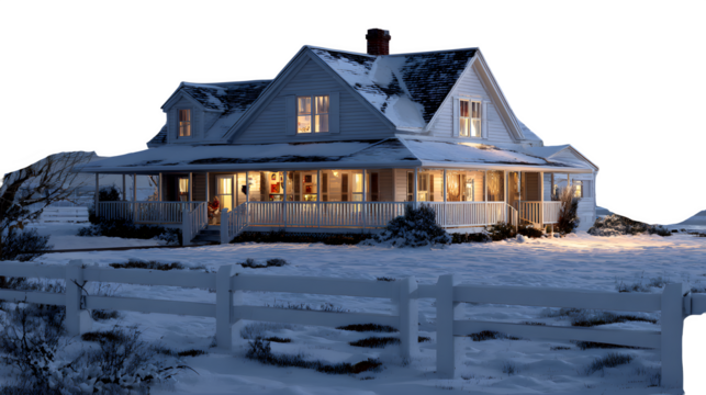 Snowy countryside home with a wraparound porch, white picket fence dusted in snow, and warm interior lights, isolated on white background