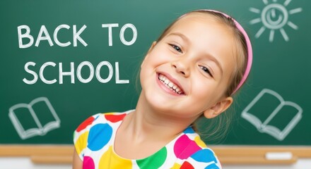 Back to school: A joyous girl radiates with anticipation, smiling brightly against the backdrop of a chalkboard, emblazoned with 'Back to School' greeting.