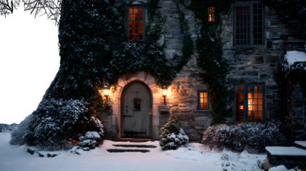 Snowy stone house with arched doorway, frosty ivy, and candlelight glowing through small panes, old-world charm, isolated on white background