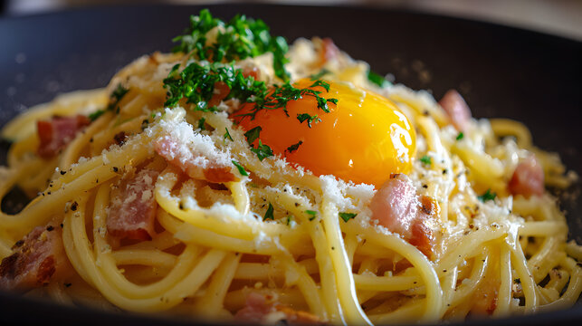 Italian spaghetti carbonara with fresh parsley egg yolk bacon and cheese served for National Spaghetti Day
