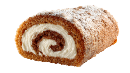 Soft-baked snickerdoodle Yule log with cinnamon swirl and cream filling, fusion holiday treat, isolated on white background