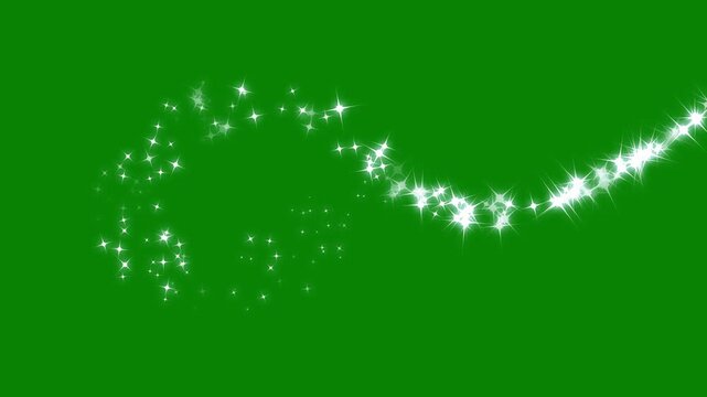 4k Luxury white glitter sparkles line animation, Star twinkling, Stars shine effect, Luxury white glitter sparkles trail, magic dust, pixie dust path, Christmas stars isolated on green background. 4k