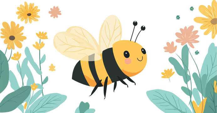 A cute cartoon bee flying to a yellow flower in nature, a perfect vector illustration for summer and honey themes