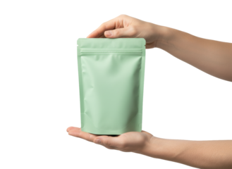 Packaging Presentation: A pair of hands tenderly present a blank, mint-green pouch, emphasizing its clean design, and versatile usability for product showcase.