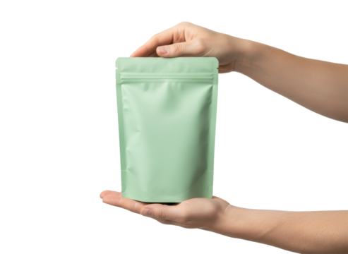 Packaging Presentation: A pair of hands tenderly present a blank, mint-green pouch, emphasizing its clean design, and versatile usability for product showcase.