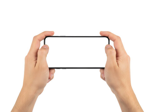 Holding Smartphone with Blank Screen: A close-up view of hands holding a modern smartphone horizontally, displaying a blank white screen, perfect for showcasing your content or application design.