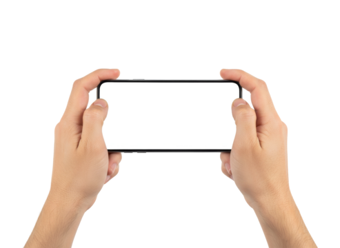 Holding Smartphone with Blank Screen: A close-up view of hands holding a modern smartphone horizontally, displaying a blank white screen, perfect for showcasing your content or application design.