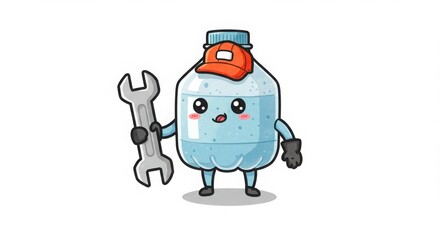 a cute round plastic bottle character mechanic holding wrench in watercolor illustration