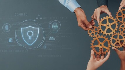 Hands collaborate to fit gears together while a digital lock symbolizes cybersecurity, representing teamwork and innovation in technology and data protection. Raster - Powered by Adobe