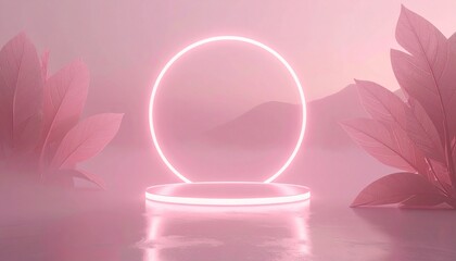 Minimal surreal landscape with floating leaf shapes and glowing geometric rings