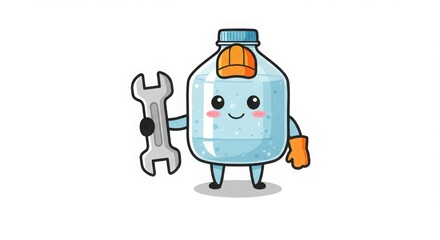 a cute round plastic bottle character mechanic holding wrench in watercolor illustration