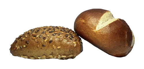 Assortment of fresh German bread rolls. Multigrain bun with seeds and a traditional lye roll. Artisan bakery product for breakfast. Wholesome food and healthy eating concept