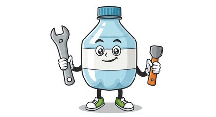 a cute round plastic bottle character mechanic holding wrench in watercolor illustration