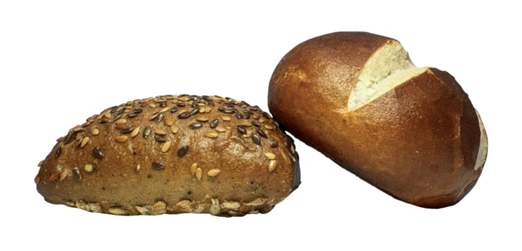 Assortment of fresh German bread rolls. Multigrain bun with seeds and a traditional lye roll. Artisan bakery product for breakfast. Wholesome food and healthy eating concept