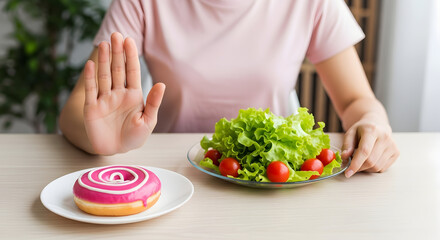 A woman on a diet choosing a healthy salad and rejecting an unhealthy donut with a stop gesture.
