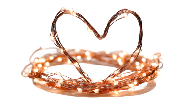Twinkling copper wire fairy lights with micro warm-white LEDs, coiled into a heart shape, romantic holiday accent, isolated on white background