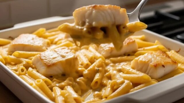 presa con il cucchiaio da portata di un sformato di pasta e merluzzo