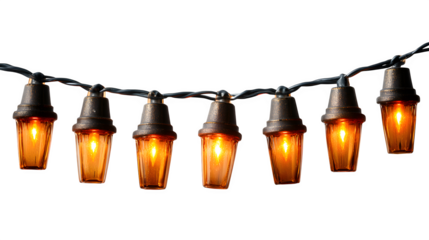 Vintage-style glowing candle string lights with flickering LED flames in amber glass holders, nostalgic warmth, isolated on white background