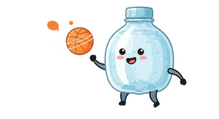 a cute round plastic bottle character dribbling a basketball in watercolor illustration
